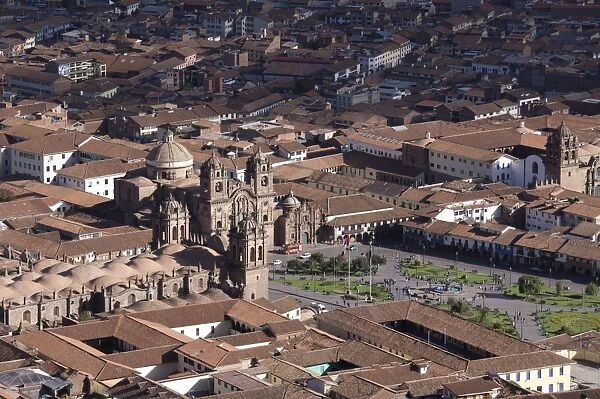Aerial view of Cusco, with the cathedral and the Company of Jesus church, Cuzco, Peru, South America