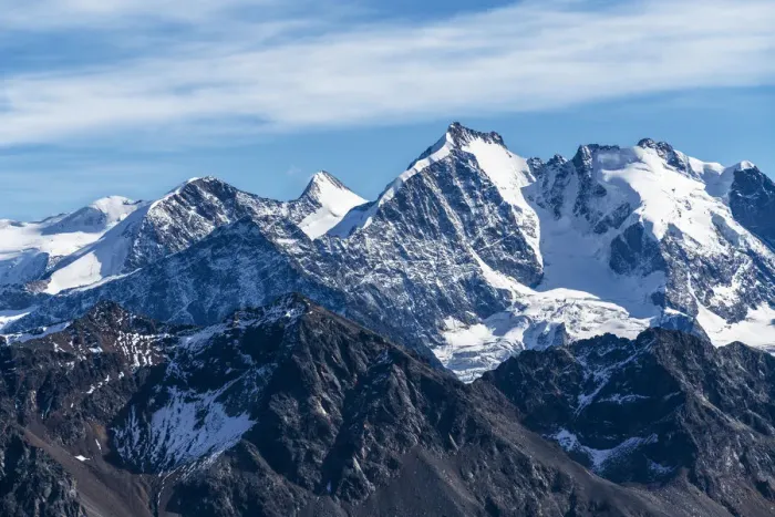 Framed Print : Aerial view by drone of Bernina Group and Biancograt mountain, Engadine