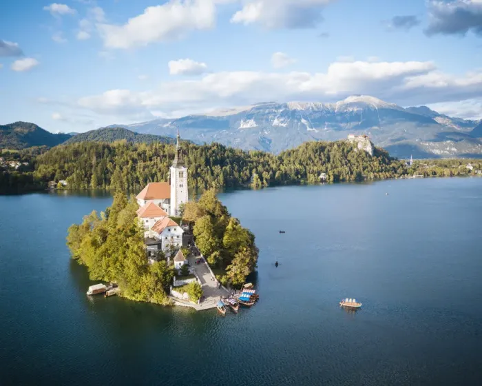 Framed Print : Aerial view by drone of Bled Island with the Church of the Assumption at dawn, Lake Bled Framed Print : Aerial view by drone of Bled Island with the Church of the Assumption at dawn, Lake Bled