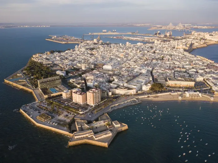 Framed Print : Aerial view, by drone, of Cadiz, Andalucia, Spain, Europe Framed Print : Aerial view, by drone, of Cadiz, Andalucia, Spain, Europe