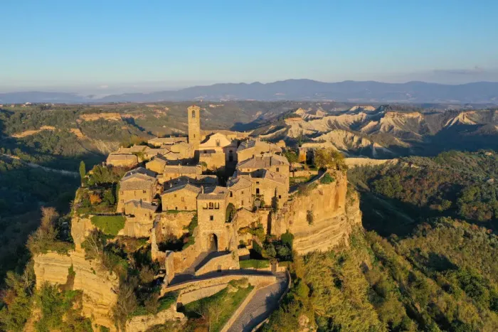 Framed Print : Aerial view by drone of Civita di Bagnoregio village, known as the dying city Framed Print : Aerial view by drone of Civita di Bagnoregio village, known as the dying city
