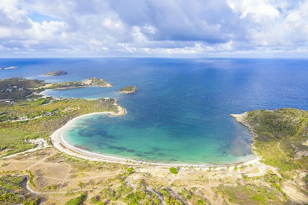 Aerial view by drone of Half Moon Bay washed by Caribbean Sea, Antigua, Leeward Islands