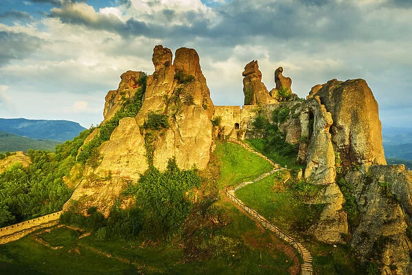 Aerial view by drone of Kaleto Rock Fortress rock formations, Belogradchik, Bulgaria