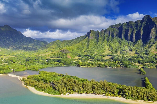 Aerial view by drone of Kaneohe Bay, Oahu Island, Hawaii, United States of America