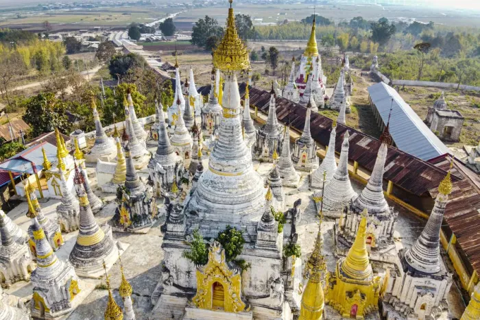 Framed Print : Aerial view by drone of pagodas, Inle Lake, Shan state, Myanmar (Burma), Asia Framed Print : Aerial view by drone of pagodas, Inle Lake, Shan state, Myanmar (Burma), Asia