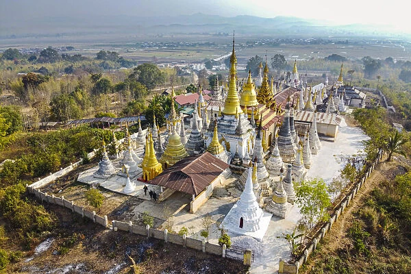 Aerial view by drone of pagodas, Inle Lake, Shan state, Myanmar (Burma), Asia