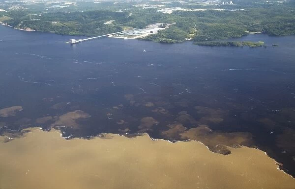 Aerial view of Encontro das Aguas, meeting of the Rio Negro and Rio Solimoes, Manaus, Amazonas, Brazil, South America