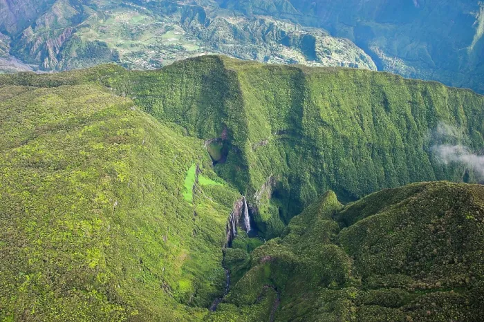 Framed Print : Aerial view of falls in the canyon Trou de Fer, Reunion Framed Print : Aerial view of falls in the canyon Trou de Fer, Reunion