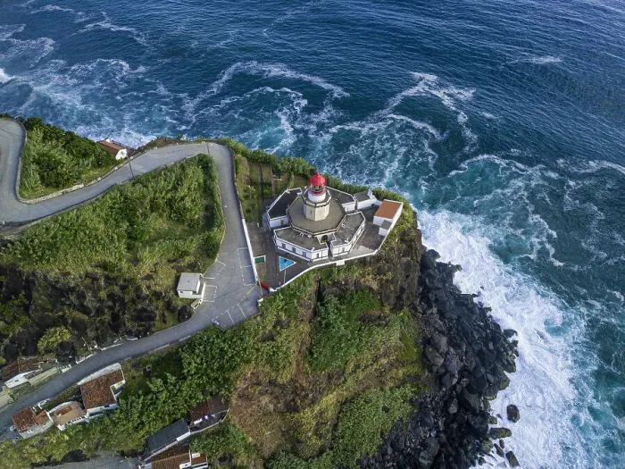 Framed Print : Aerial view of Farol do Arnel lighthouse and Arnel point, Sao Miguel island, Azores, Portugal, Atlantic, Europe