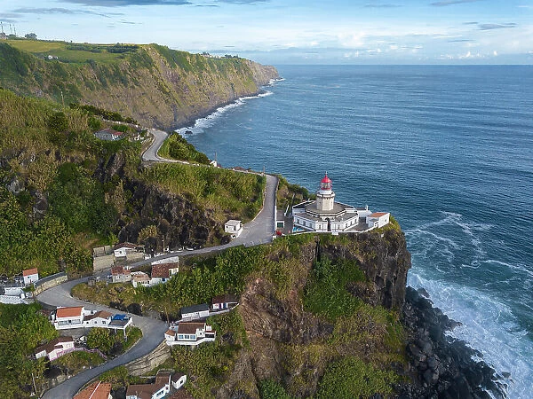 Aerial view of Farol do Arnel lighthouse and fishermen huts, Sao Miguel island, Azores, Portugal, Atlantic, Europe