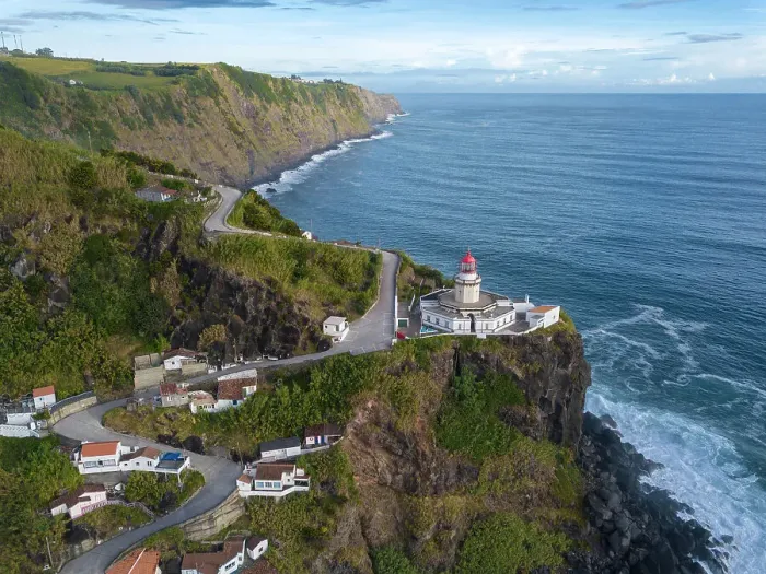 Framed Print : Aerial view of Farol do Arnel lighthouse and fishermen huts, Sao Miguel island, Azores, Portugal, Atlantic, Europe Framed Print : Aerial view of Farol do Arnel lighthouse and fishermen huts, Sao Miguel island, Azores, Portugal, Atlantic, Europe
