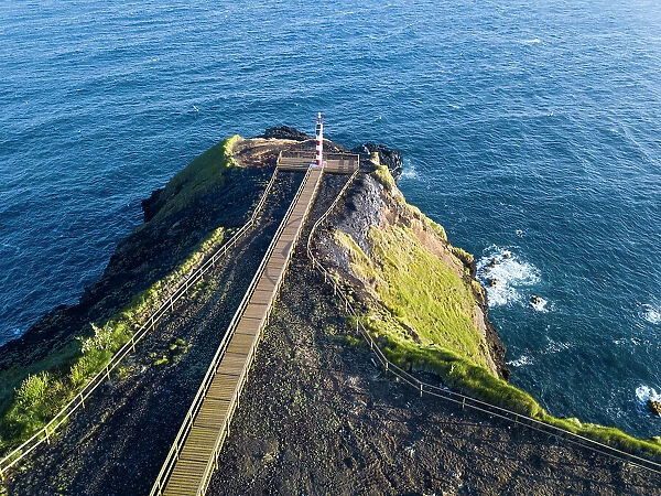 Aerial view of Farolim dos Fenais da Ajuda lighthouse on a cliff, Sao Miguel island, Azores Islands, Portugal, Atlantic, Europe