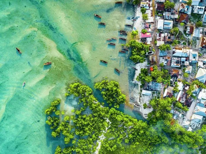Framed Print : Aerial view of fishing boats moored in the exotic lagoon, Mkokotoni, Zanzibar, Tanzania, East Africa, Africa