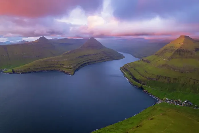 Framed Print : Aerial view of the fjord at sunrise, Funningur, Eysturoy island, Faroe islands, Denmark, Europe Framed Print : Aerial view of the fjord at sunrise, Funningur, Eysturoy island, Faroe islands, Denmark, Europe