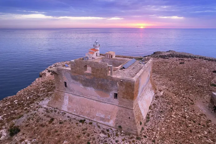 Framed Print : Aerial view of the fortified tower with the light house built on top of Capo Passero island at sunrise, Capo Passero island, Portopalo di Capo Passero municipality, Siracusa province, Sicily, Italy, Mediterranean, Europe Framed Print : Aerial view of the fortified tower with the light house built on top of Capo Passero island at sunrise, Capo Passero island, Portopalo di Capo Passero municipality, Siracusa province, Sicily, Italy, Mediterranean, Europe