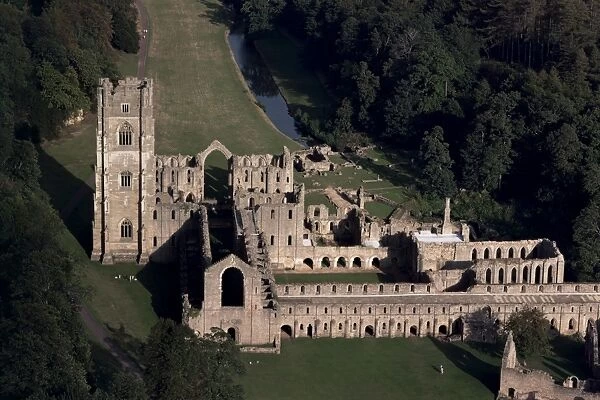 Aerial view of Fountains Abbey, UNESCO World Heritage Site, Yorkshire, England
