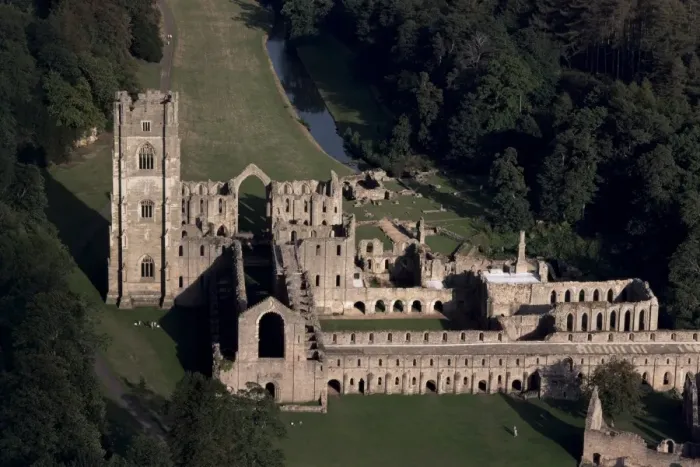 Framed Print : Aerial view of Fountains Abbey, UNESCO World Heritage Site, Yorkshire, England Framed Print : Aerial view of Fountains Abbey, UNESCO World Heritage Site, Yorkshire, England