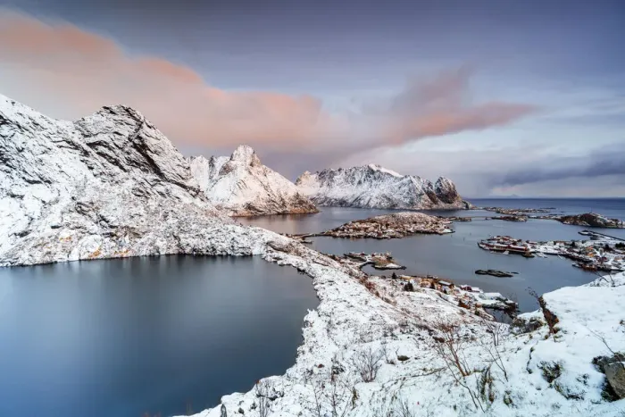 Framed Print : Aerial view of frozen lake Reinevatnet, Reine Bay and Olstind mountain covered with snow at dawn, Lofoten Islands, Norway, Scandinavia, Europe Framed Print : Aerial view of frozen lake Reinevatnet, Reine Bay and Olstind mountain covered with snow at dawn, Lofoten Islands, Norway, Scandinavia, Europe