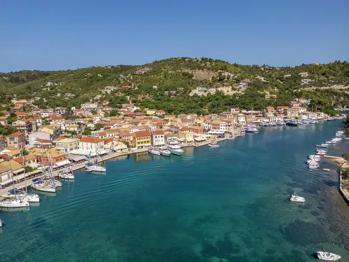 Framed Print : Aerial view of Gaios, the main port and harbour on the island of Paxos, Paxos, Ionian Islands, Greek Islands, Greece, Europe Framed Print : Aerial view of Gaios, the main port and harbour on the island of Paxos, Paxos, Ionian Islands, Greek Islands, Greece, Europe