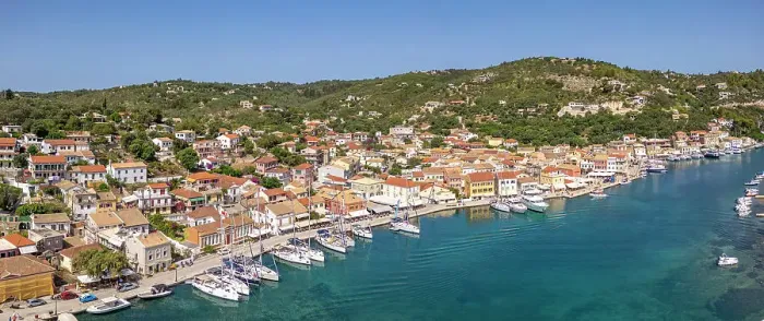 Framed Print : Aerial view of Gaios, the main port and harbour on the island of Paxos, Paxos, Ionian Islands, Greek Islands, Greece, Europe Framed Print : Aerial view of Gaios, the main port and harbour on the island of Paxos, Paxos, Ionian Islands, Greek Islands, Greece, Europe