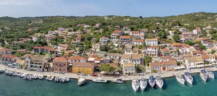 Framed Print : Aerial view of Gaios, the main port and harbour on the island of Paxos, Paxos, Ionian Islands, Greek Islands, Greece, Europe Framed Print : Aerial view of Gaios, the main port and harbour on the island of Paxos, Paxos, Ionian Islands, Greek Islands, Greece, Europe