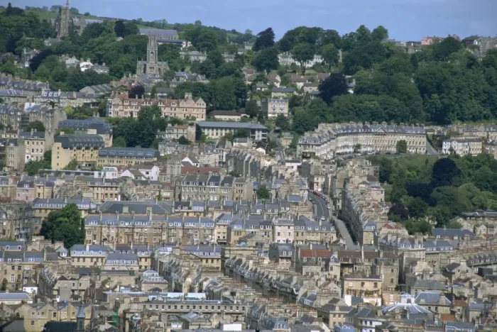 Framed Print : Aerial view over Georgian houses in northern area of Bath, Avon, England Framed Print : Aerial view over Georgian houses in northern area of Bath, Avon, England