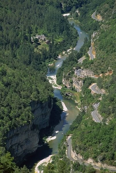 Aerial view of the Gorges du Tarn from Roc des Hourtous, in Lozere, Languedoc Roussillon
