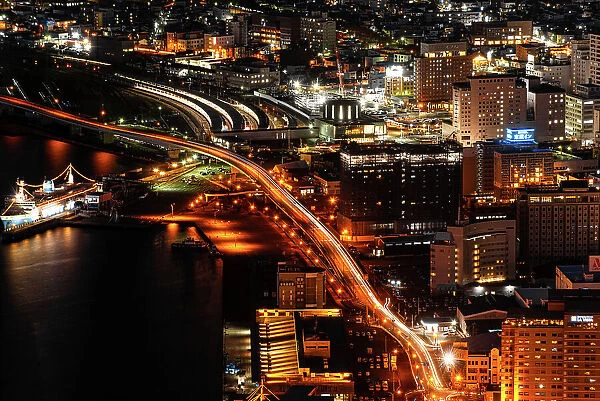 Aerial view of Hakodate city at night, Hakodate, Hokkaido, Japan, Asia