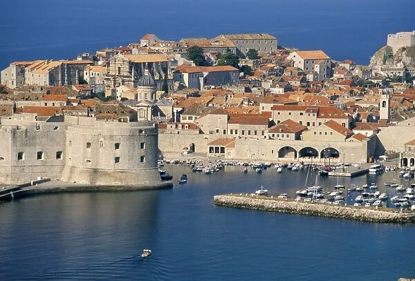 Aerial view of harbour and old city, Dubrovnik, UNESCO World Heritage Site