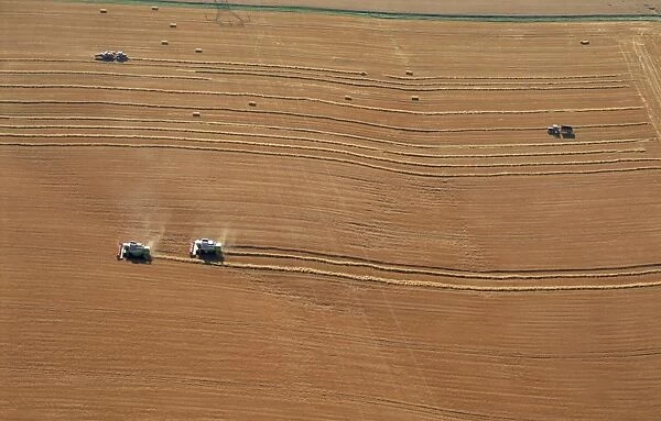 Aerial view of harvesters, Commercy Region, Meuse, Lorraine, France, Europe