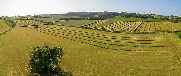 Aerial view of hay fields near Baslow village, Peak District National Park, Derbyshire, England, United Kingdom, Europe