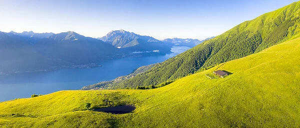 Aerial view of high pasture above Lake Como, Musso, Lake Como, Lombardy, Italian Lakes