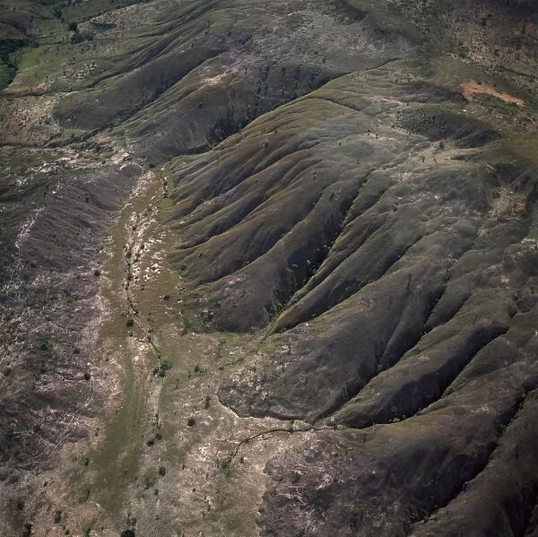Aerial view of highland savannah and erosion, near Ireng River, Rupununi District