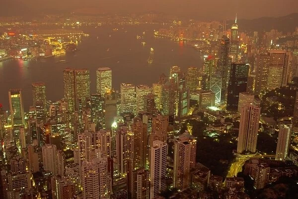 Aerial view of Hong Kong Harbour at dusk, China