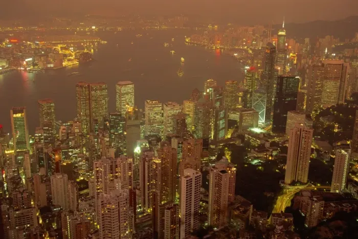 Framed Print : Aerial view of Hong Kong Harbour at dusk, China Framed Print : Aerial view of Hong Kong Harbour at dusk, China