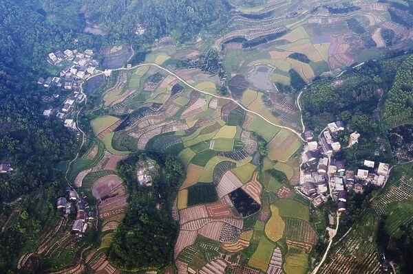Aerial view from a hot air balloon of rice fields and villages in Yangshuo