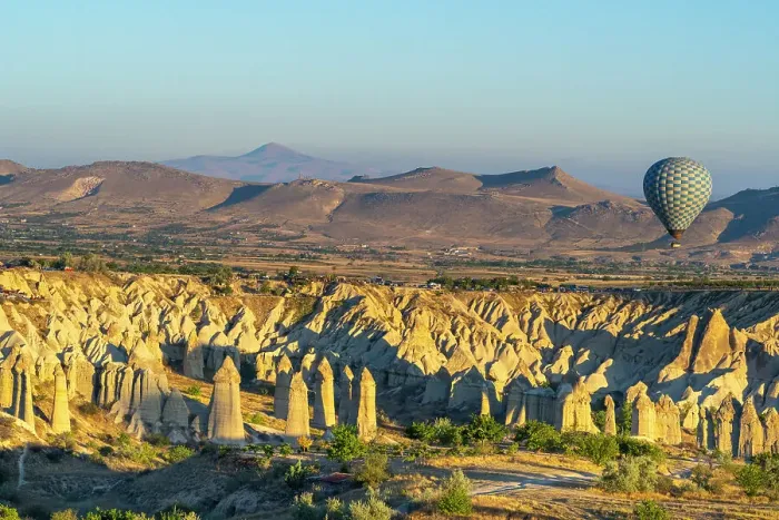 Framed Print : Aerial view of hot air balloon over rock formations in Love Valley at sunrise, Goreme, Goreme Historical National Park, UNESCO Worrld Heritage Site, Cappadocia, Central Anatolia Region, Anatolia, Turkey, Asia Minor, Asia