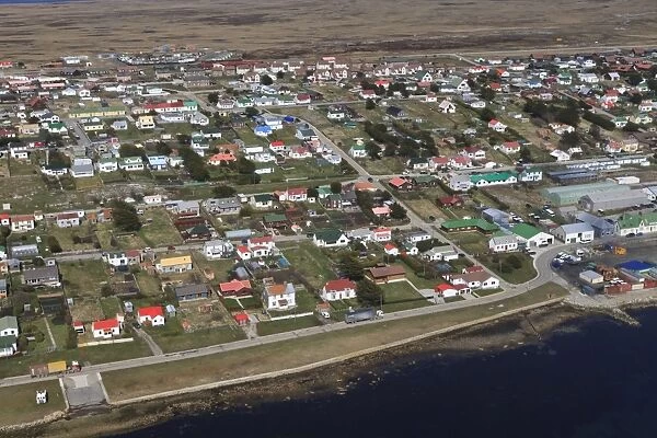 Aerial view of houses with colourful roofs, Stanley, East Falkland, Falkland Islands, South America