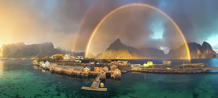 Framed Print : Aerial view of idyllic rainbows over Olstind mountain and fishermen cabins by the sea, Sakrisoy, Reine, Lofoten Islands, Nordland, Norway, Scandinavia, Europe Framed Print : Aerial view of idyllic rainbows over Olstind mountain and fishermen cabins by the sea, Sakrisoy, Reine, Lofoten Islands, Nordland, Norway, Scandinavia, Europe