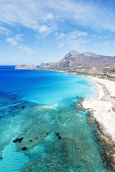 Aerial view of the idyllic sandy beach of Falasarna facing the crystal blue sea