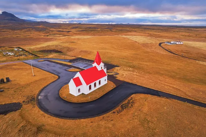 Framed Print : Aerial view of Ingjaldsholl church at Hellissandur, Snaefellsjokull National Park, Snaefellsnes Peninsula, Vesturland, West Iceland, Iceland, Polar Regions Framed Print : Aerial view of Ingjaldsholl church at Hellissandur, Snaefellsjokull National Park, Snaefellsnes Peninsula, Vesturland, West Iceland, Iceland, Polar Regions