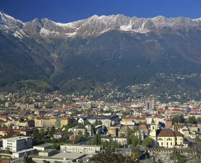 Framed Print : Aerial view over Innsbruck, including the Karwendel Range behind, Tirol, Austria, Europe