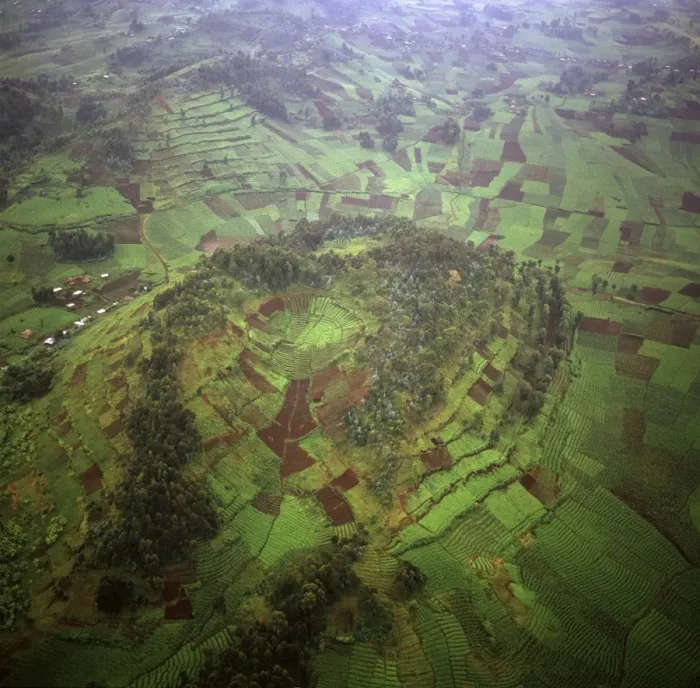 Framed Print : Aerial view of intensive agriculture on Virunga foothills, Rwanda, Africa Framed Print : Aerial view of intensive agriculture on Virunga foothills, Rwanda, Africa