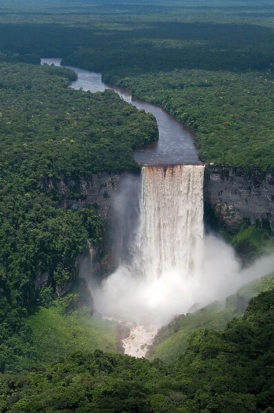 Aerial view of Kaieteur Falls and the Potaro River in full spate, Guyana, South America