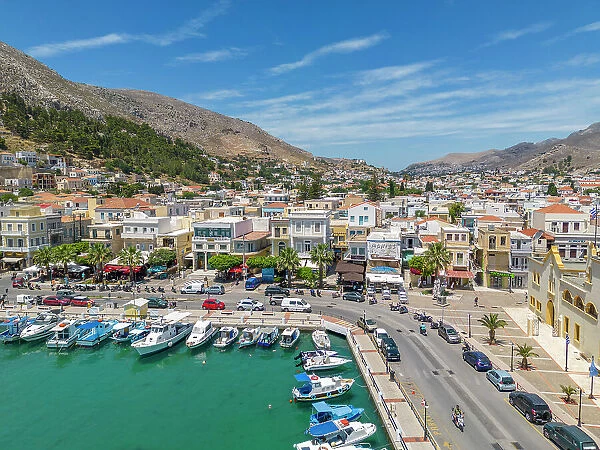 Aerial view of Kalimnos town, Kalimnos, Dodecanese Islands, Greek Islands, Greece, Europe