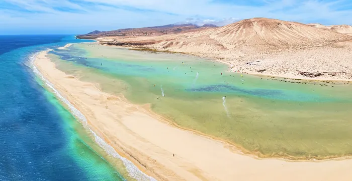 Framed Print : Aerial view of kite surfers having fun at Sotavento beach, Jandia Natural Park, Fuerteventura, Canary Islands, Spain