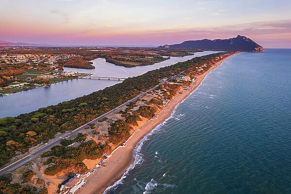 Aerial view of the lake and beach of Sabaudia with the woody mountain of Circeo in the background at dusk, Sabaudia, Tyrrhenian Sea, Latina province, Latium (Lazio), Italy, Europe