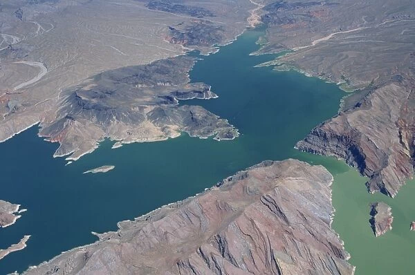 Aerial view of Lake Mead with surrounding arid landscape in Nevada