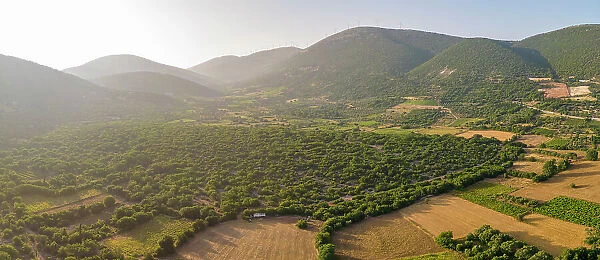 Aerial view of landscape and hills near Chaliotata, Kefalonia, Ionian Islands, Greek Islands, Greece, Europe
