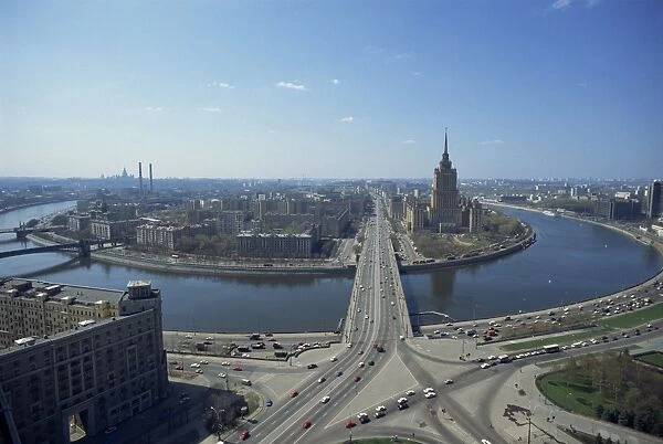 Aerial view over large river meander through Moscow